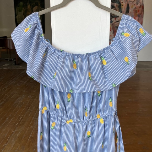Blue and white striped jumpsuit, embroidered with pineapples and fabric belt - Picture 7 of 10